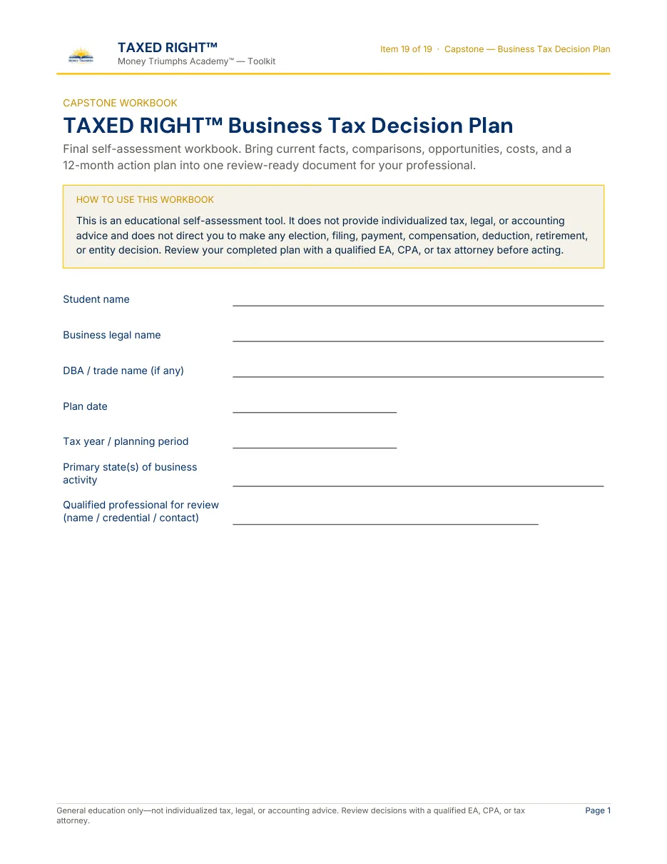 First page of the TAXED RIGHT Business Tax Decision Plan